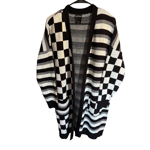 Hot Topic Black & White Checkerboard Striped Open Front Knit Cardigan XL - Picture 1 of 5